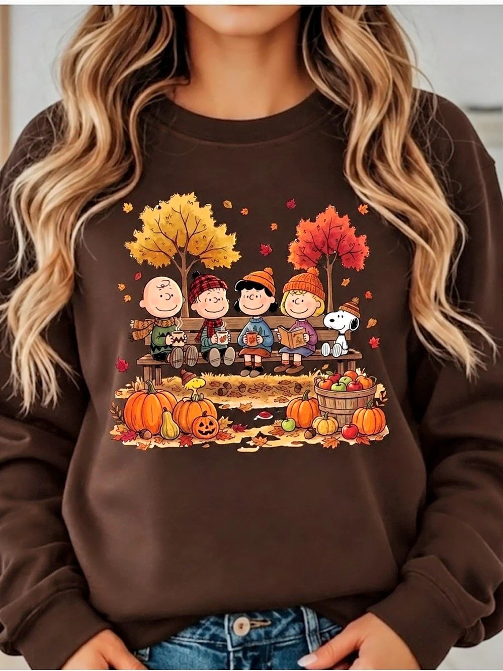 Peanuts Fall Pumpkin Friends Graphic Sweatshirt Dark Chocolate Unisex